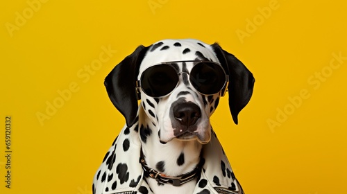 A studio portrait of a funky dalmatian dog wearing a spotted leather jacket , aviator sunglasses on a seamless yellow background, copy space for text. photo