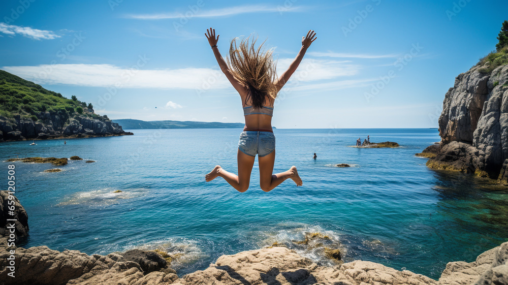 Woman seen from behind happy on the beach jumping overlooking a cliff