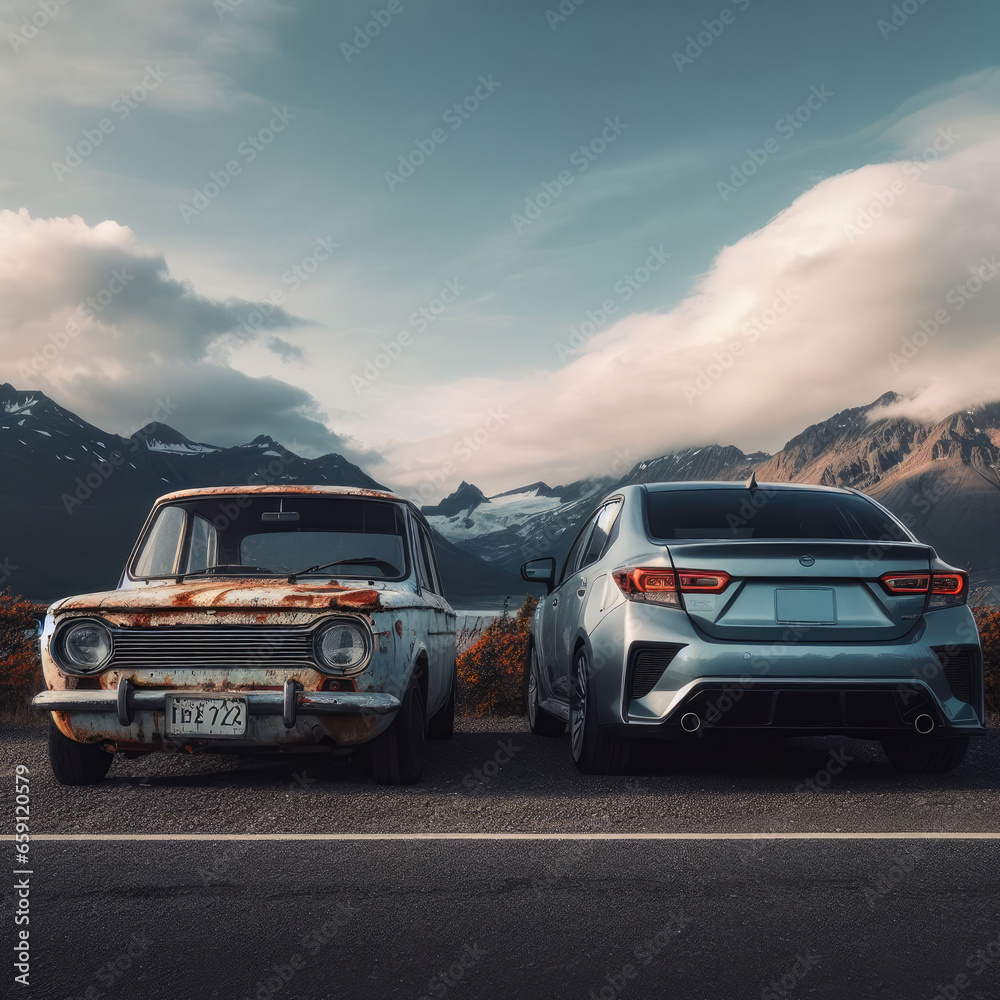 Naklejka premium Old car vs. new car. Comparison