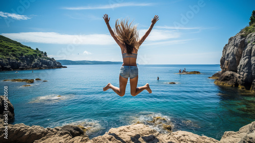 Woman seen from behind happy on the beach jumping overlooking a cliff