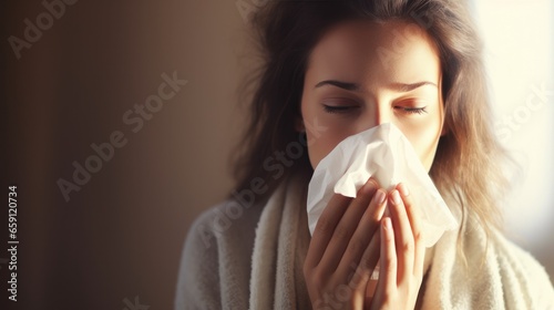 Unhealthy woman wrapped blanket blowing feeling flu sneeze runny nose allergy flu cough cold sneezing at home.