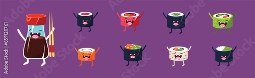 Cute Sushi and Rolls Kawaii Character with Smiling Face Vector Set