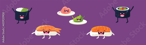 Cute Sushi and Rolls Kawaii Character with Smiling Face Vector Set