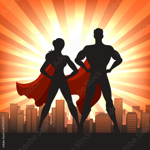 Superhero couple silhouettes