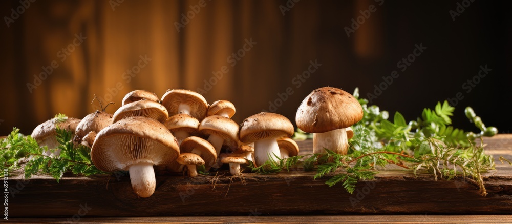 Macro photograph of mushrooms on a table made of wood Macro photograph of mushrooms on a table made of wood