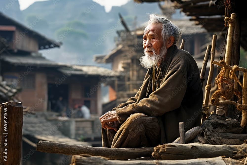 Traditional Chinese village old person. Walking street. Generate Ai Traditional Chinese village old person. Walking street. Generate Ai