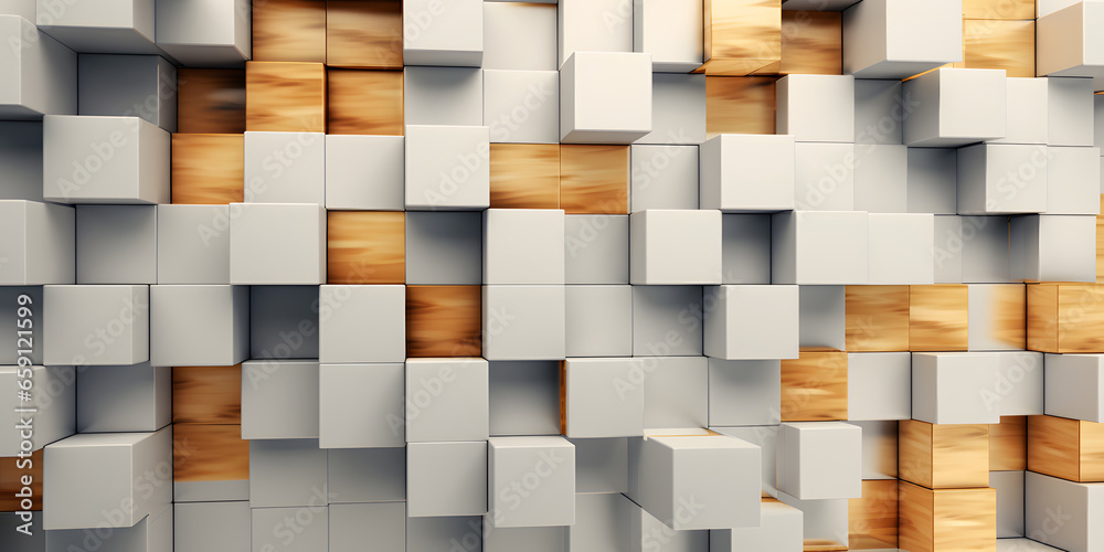 A modern 3d cube pattern wall with a dynamic mix of white and wooden blocks, creating a striking and contemporary abstract geometric background design A modern 3d cube pattern wall with a dynamic mix of white and wooden blocks, creating a striking and contemporary abstract geometric background design