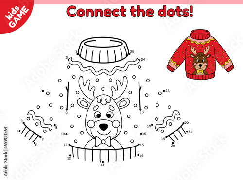 Christmas ugly sweater with deer. Dot to dot game for children. Connect the dots by numbers and draw a cartoon holiday New Year jumper. Educational puzzle for kids. Vector outline illustration.