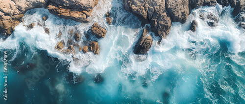 Aerial view of sea and rocks, ocean blue waves crashing 