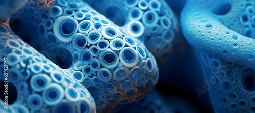 A blue and yellow image of many small spheres. The spheres are all different sizes and colors. a group of cells. abstract futuristic backdrop for science and tech