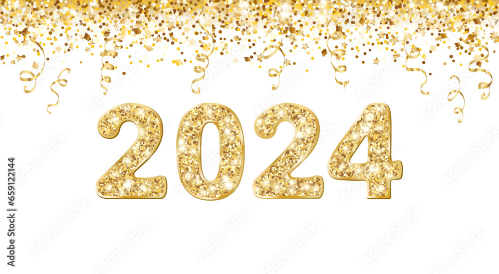 Holiday banner with golden confetti and ribbons. 2024 glitter numbers. Festive decoration isolated on white. frame, border for New Year cards, headers, party posters. Vector. Holiday banner with golden confetti and ribbons. 2024 glitter numbers. Festive decoration isolated on white. frame, border for New Year cards, headers, party posters. Vector.