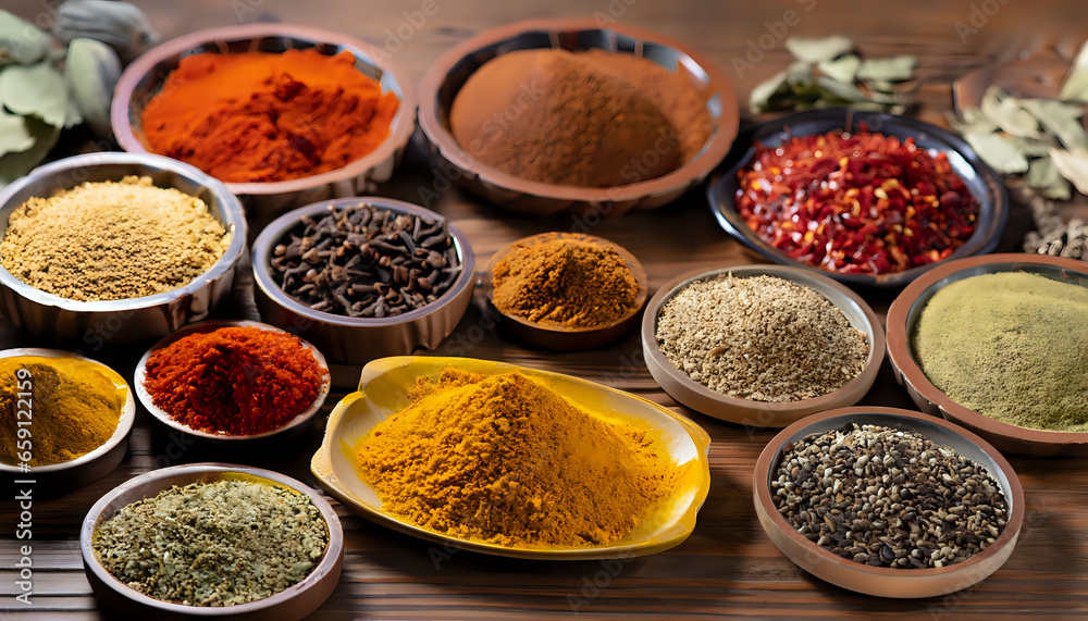 spices and herbs on the table, Flavorful Bounty: Vibrant Spices Adorning a Wooden Table,  AI Generated