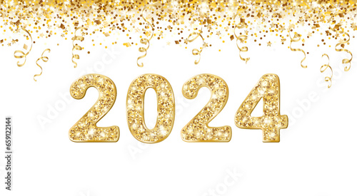 Holiday banner with golden confetti and ribbons. 2024 glitter numbers. Festive decoration isolated on white. frame, border for New Year cards, headers, party posters. Vector.