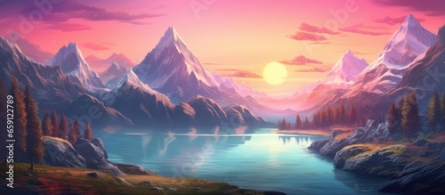 Poster featuring a stunning artwork of a retro styled imaginative and futuristic landscape with a beautiful sunrise over mountains