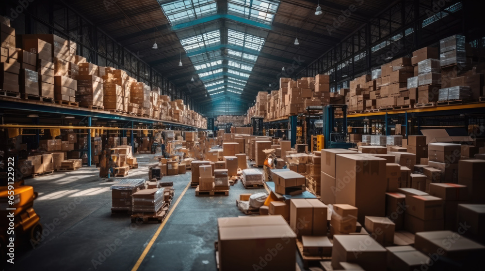 Busy warehouse, Boxes on pallet in warehouse, Warehouse furniture factory.