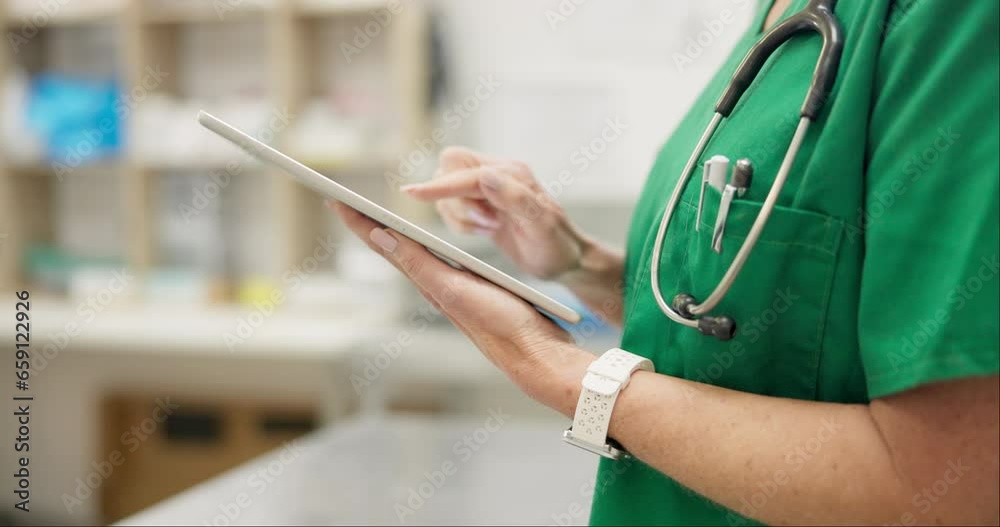 Hands, tablet and a vet closeup in an animal hospital for healthcare, research or professional treatment. Technology, medicine and doctor working online in a veterinary clinic for medical innovation Hands, tablet and a vet closeup in an animal hospital for healthcare, research or professional treatment. Technology, medicine and doctor working online in a veterinary clinic for medical innovation