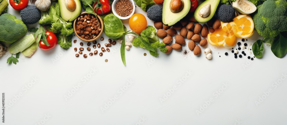 Long banner format featuring a variety of superfoods on a white background including organic and healthy vegan options like legumes nuts seeds greens oil and vegetables - obrazy, fototapety, plakaty 