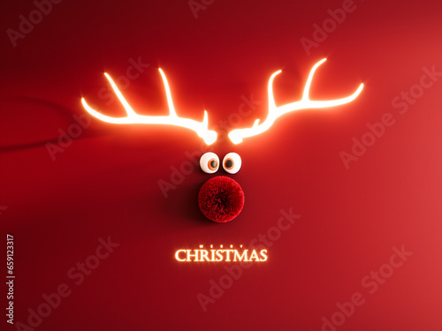 Christmas reindeer with red nose and glowing antlers. Merry Christmas banner with text on red paper background. 3D Rendering, 3D Illustration