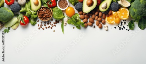 Long banner format featuring a variety of superfoods on a white background including organic and healthy vegan options like legumes nuts seeds greens oil and vegetables