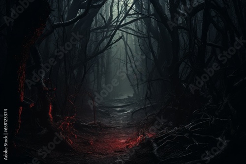 Mysterious Forest creepy dark. Mist moon fog. Generate Ai