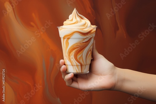 Hand holding a frosted glass. Generative AI.