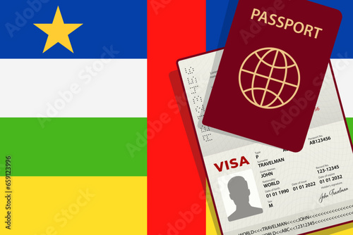 Visa to Central African Republic and Passport. CAR Flag Background. Vector illustration