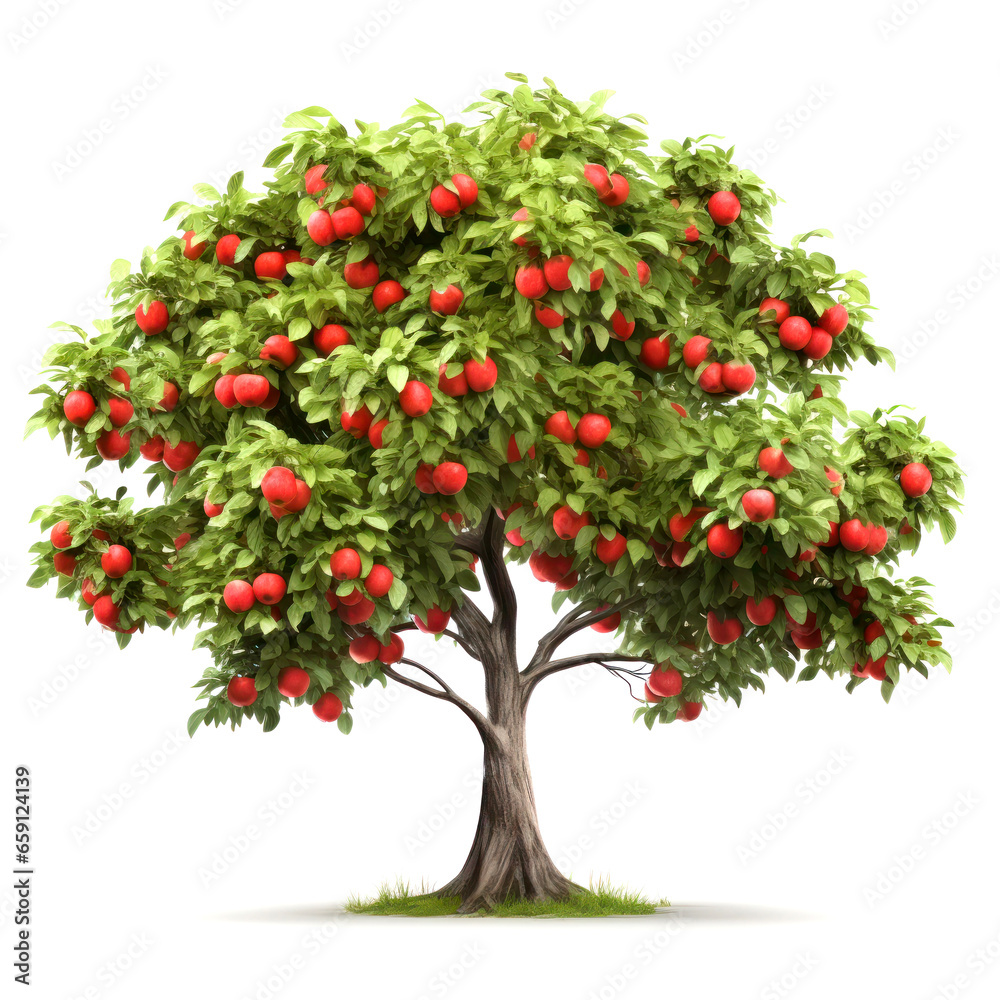 Apple tree with fruits apples and green leaves isolated on white background illustration
