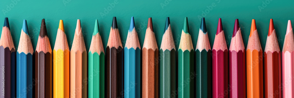 Colorful pencils lined up against a green background. Colorful pencils lined up against a green background.