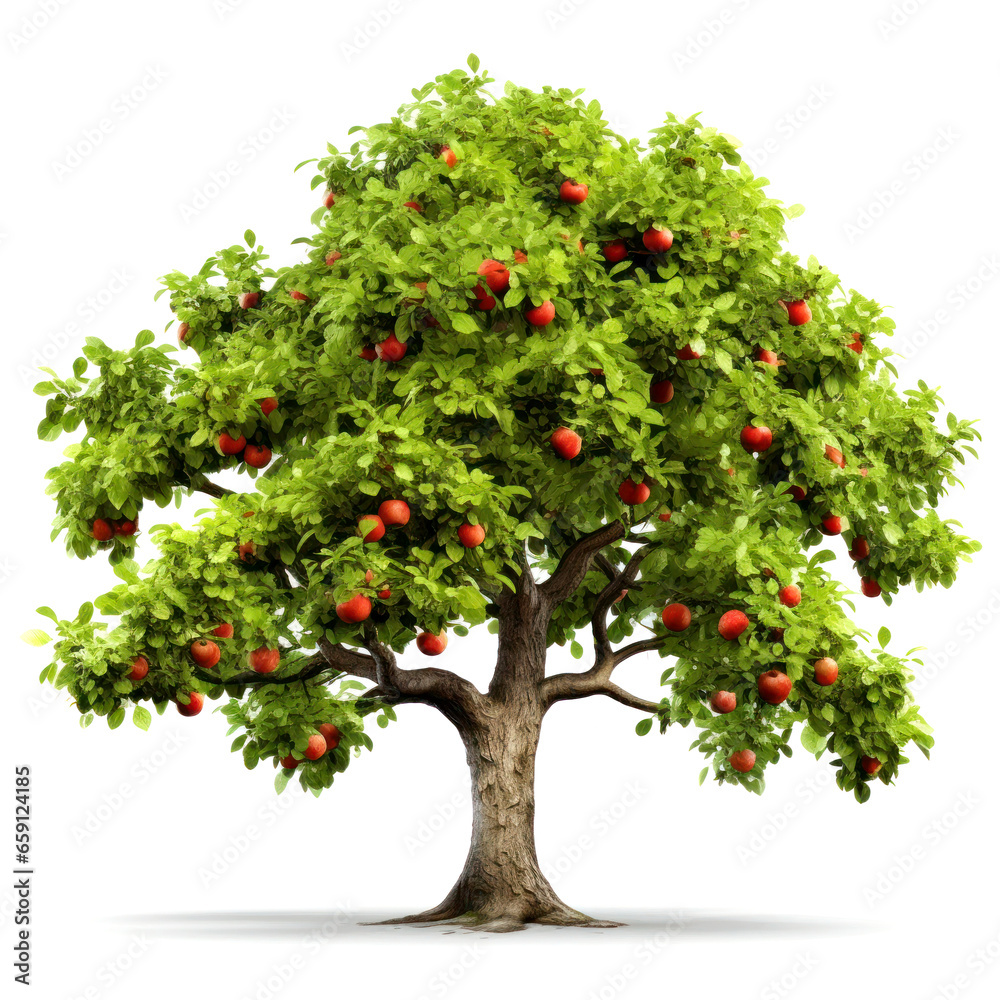 Apple tree with fruits apples and green leaves isolated on white background illustration