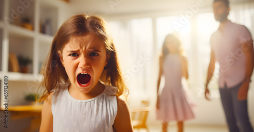 Parental Quarrel. Arab Man And Woman Arguing In Front Of Their Child, Upset Little Girl Stressed Female Kid Sitting Between Shouting Parents