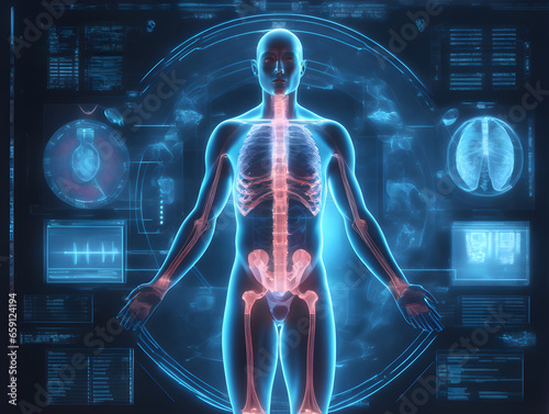 Medical hologram with a human body being examined in modern hud style, futuristic healthcare, science concept, generative ai © João Macedo