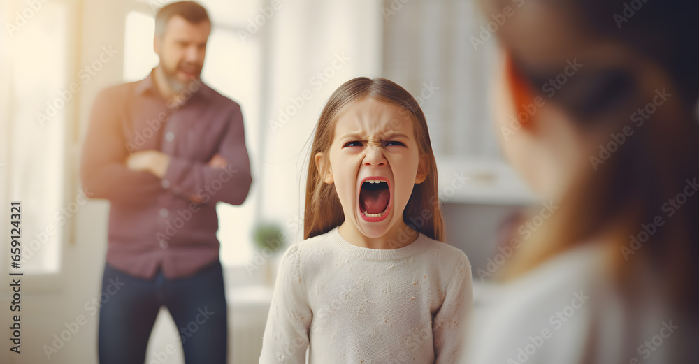 Parental Quarrel. Arab Man And Woman Arguing In Front Of Their Child, Upset Little Girl Stressed Female Kid Sitting Between Shouting Parents - obrazy, fototapety, plakaty 