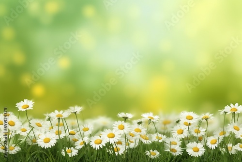 Beautiful wild flowers chamomile. Spring summer background. Landscape wide format, copy space, warm green colors. generative ai.