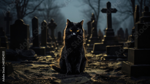 Black cat sitting in cemetery at night. Cat staring at camera, moonlight night.