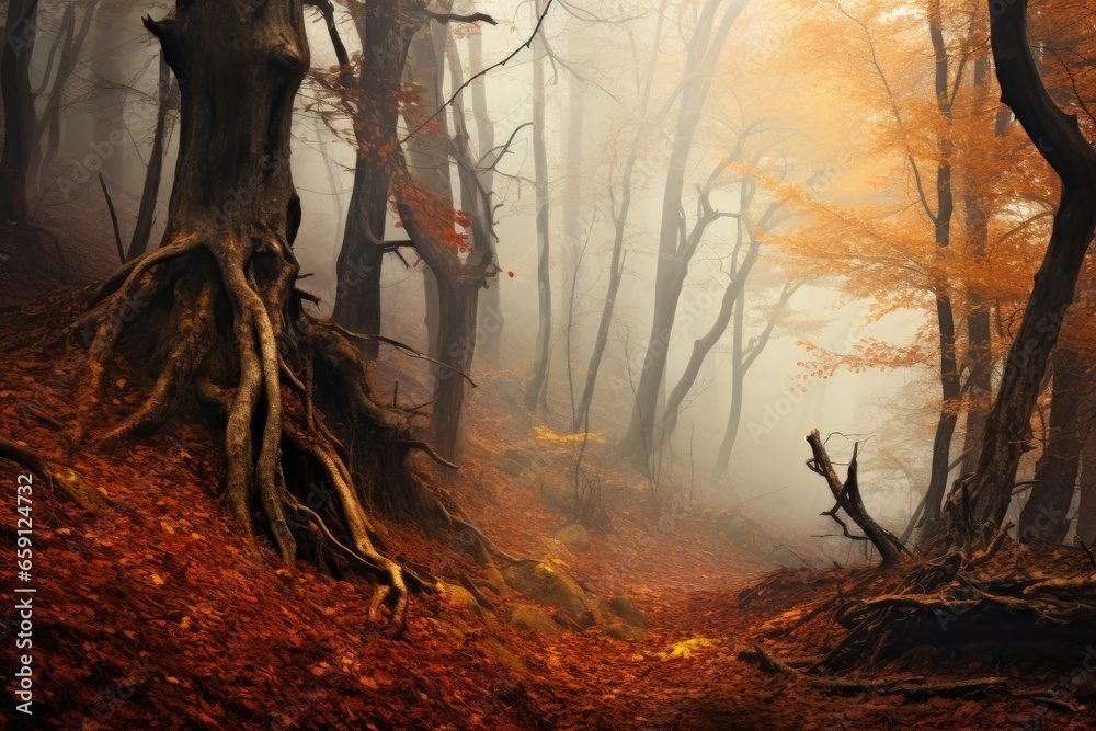 Tranquil Forest autumn view. Orange nature season. Generate Ai