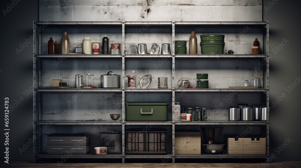 An empty, metal shelf, with a few empty storage containers on top, and a few random objects scattered around