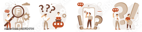 FAQ set. Concept of request, question.Questions, information requests, questions and support questions, problem answers, help. Support of problems and their resolution.Vector illustration.