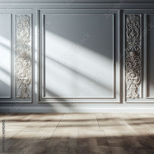 Light gray wall with decorative panels and wood flooring with interesting light reflections. Background for the presentation