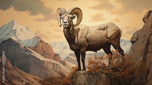  a painting of a ram standing on top of a mountain.  generative ai photo