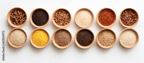 Organic grains on white background top view