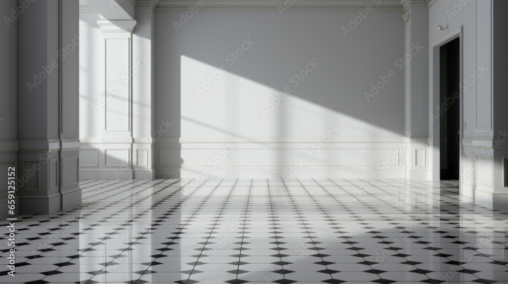 Fototapeta premium An empty hallway with grey walls and a tiled floor