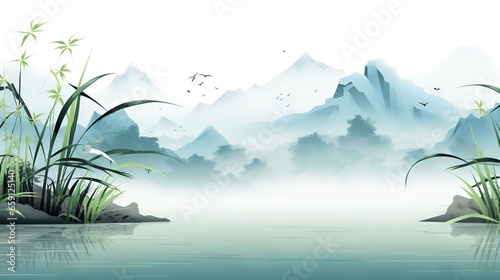  a painting of a mountain lake with reeds and birds.  generative ai