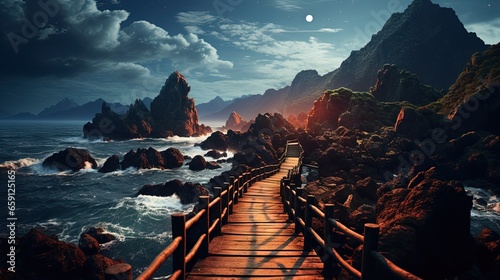  a wooden walkway leading to a rocky beach under a full moon.  generative ai
