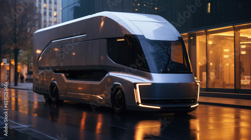 Futuristic truck through on streets at modern city, Future goods transport concept. © visoot