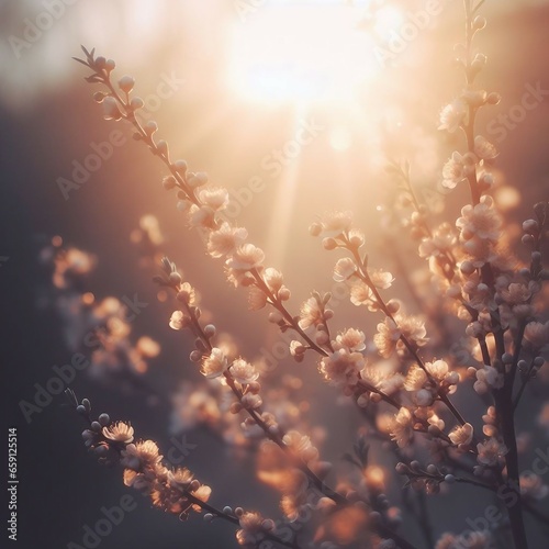 Beautiful blurred spring background image with branches of flowering myiosa in nature in the rays of sunlight outdoors.