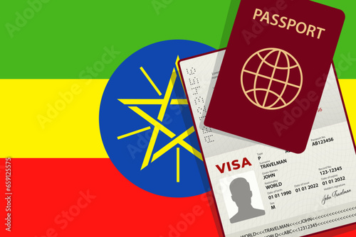 Visa to Ethiopia and Passport. Ethiopia Flag Background. Vector illustration