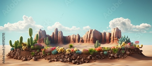 Realistic illustration of a desert landscape with cacti isolated dunes and vibrant colors