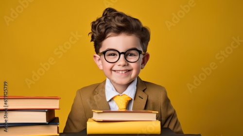  Smiling School Boy with Glasses Holding Book