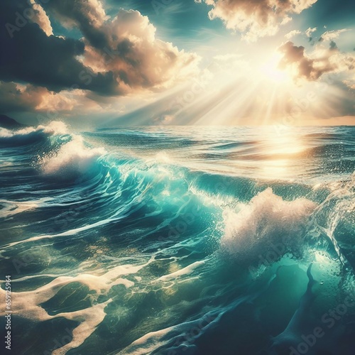 Beautiful background image with natural flowing transparent sea turquoise water of surf  with white foam backlit by rays of sun.