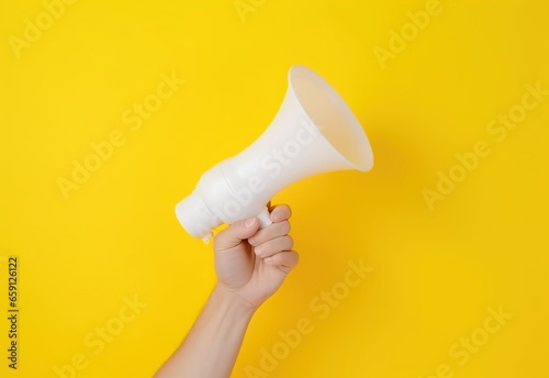 Megaphone in hand. Promotion loudspeaker. Design for advertising, marketing or presentation.